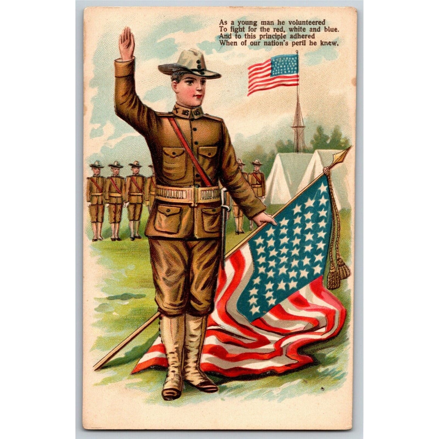 Vintage Postcard "As a Young Man Volunteered" American Flags Scout Pledges