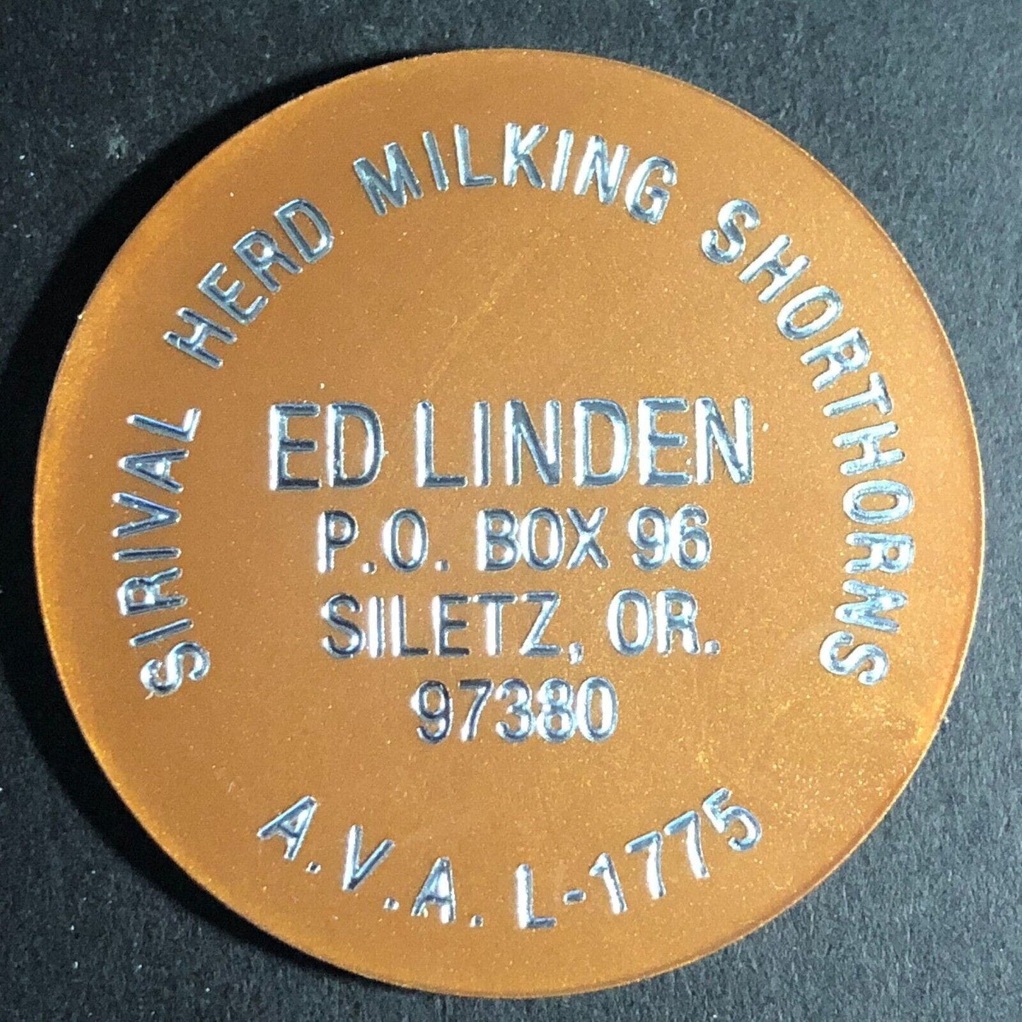 Ed Linden Siletz, OR AVA Collector* c1970's Plastic Trade Token 41mm VGC