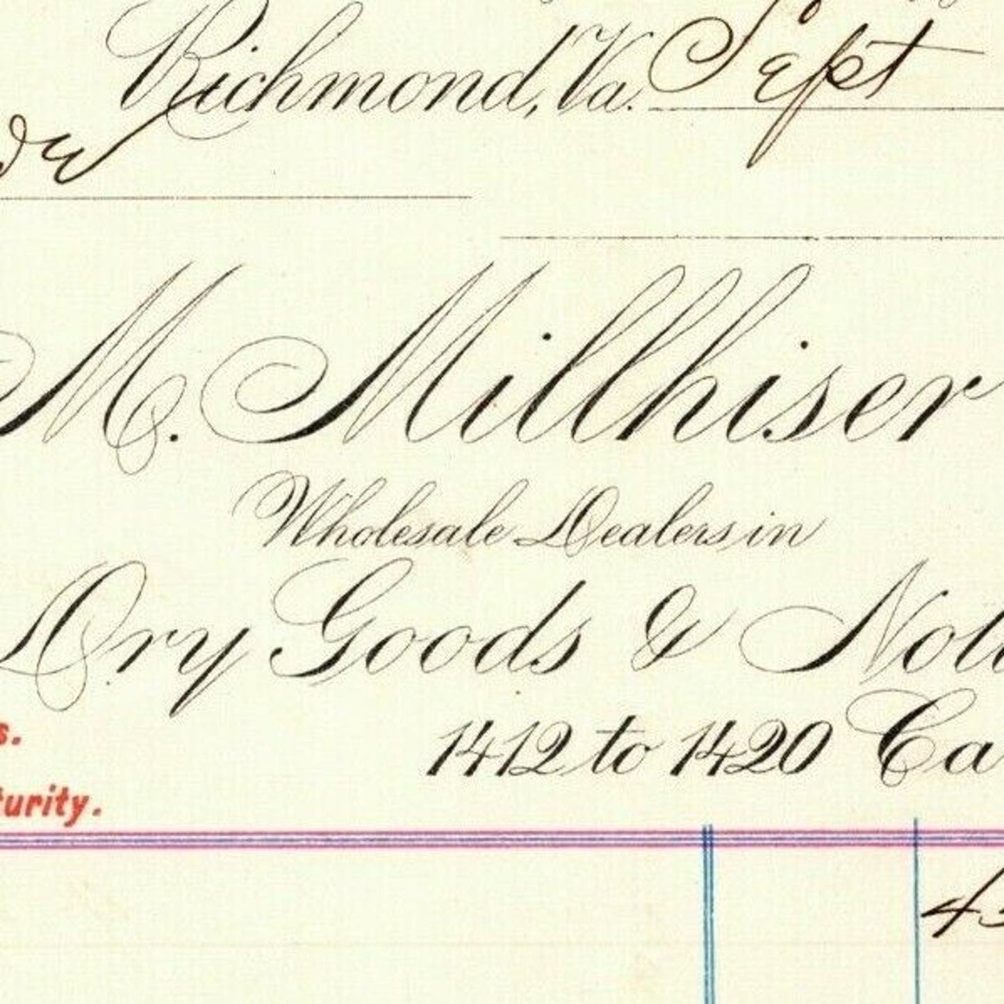 M. Millhiser & Co. Dry Goods Notions Richmond VA Letterhead to Geo. E. Wear 1898