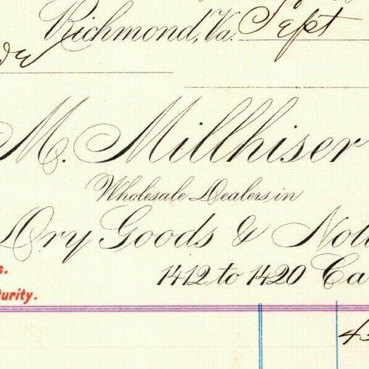 M. Millhiser & Co. Dry Goods Notions Richmond VA Letterhead to Geo. E. Wear 1898