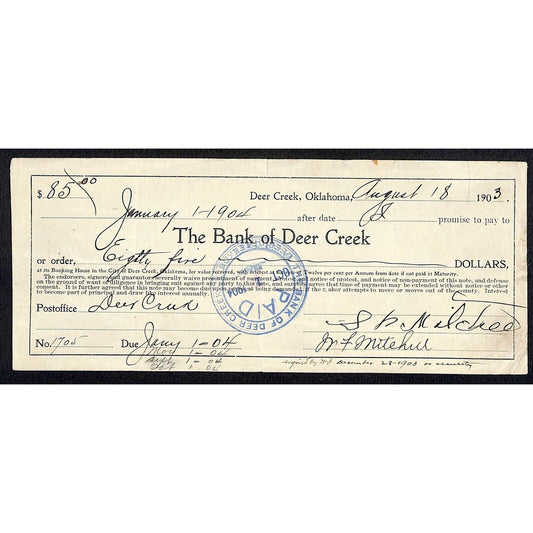 Deer Creek, OK Territorial 1903 $85 12% Promissory Note - Scarce