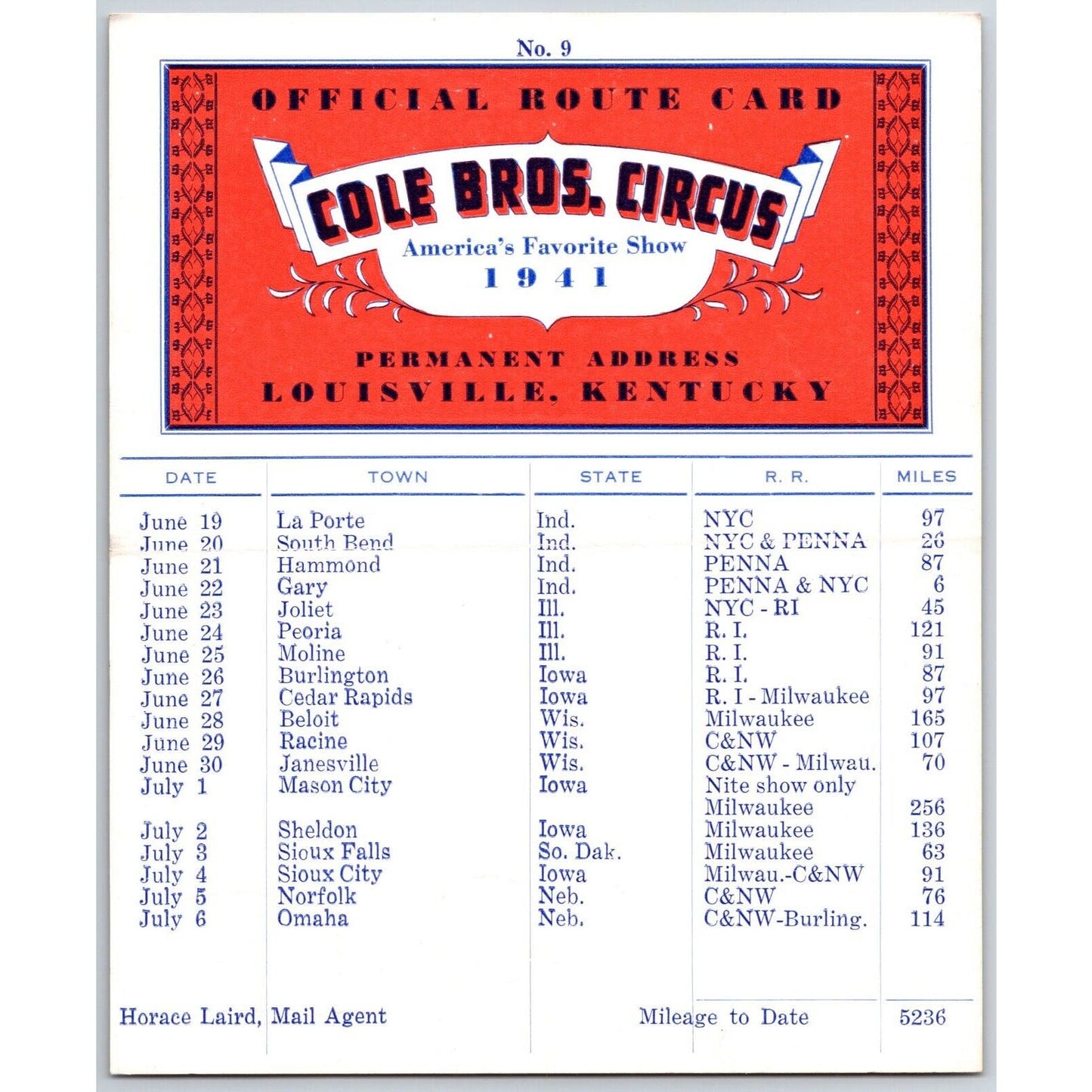 1941 Cole Bros Circus Route Card Indiana Illinois Iowa Wisconsin Nebraska