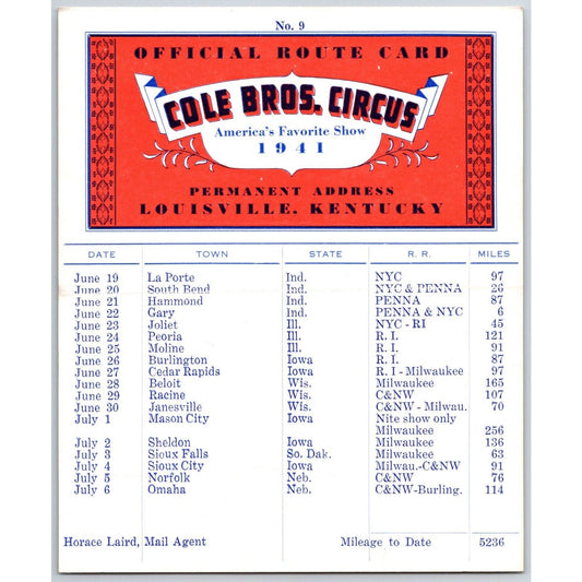 1941 Cole Bros Circus Route Card Indiana Illinois Iowa Wisconsin Nebraska