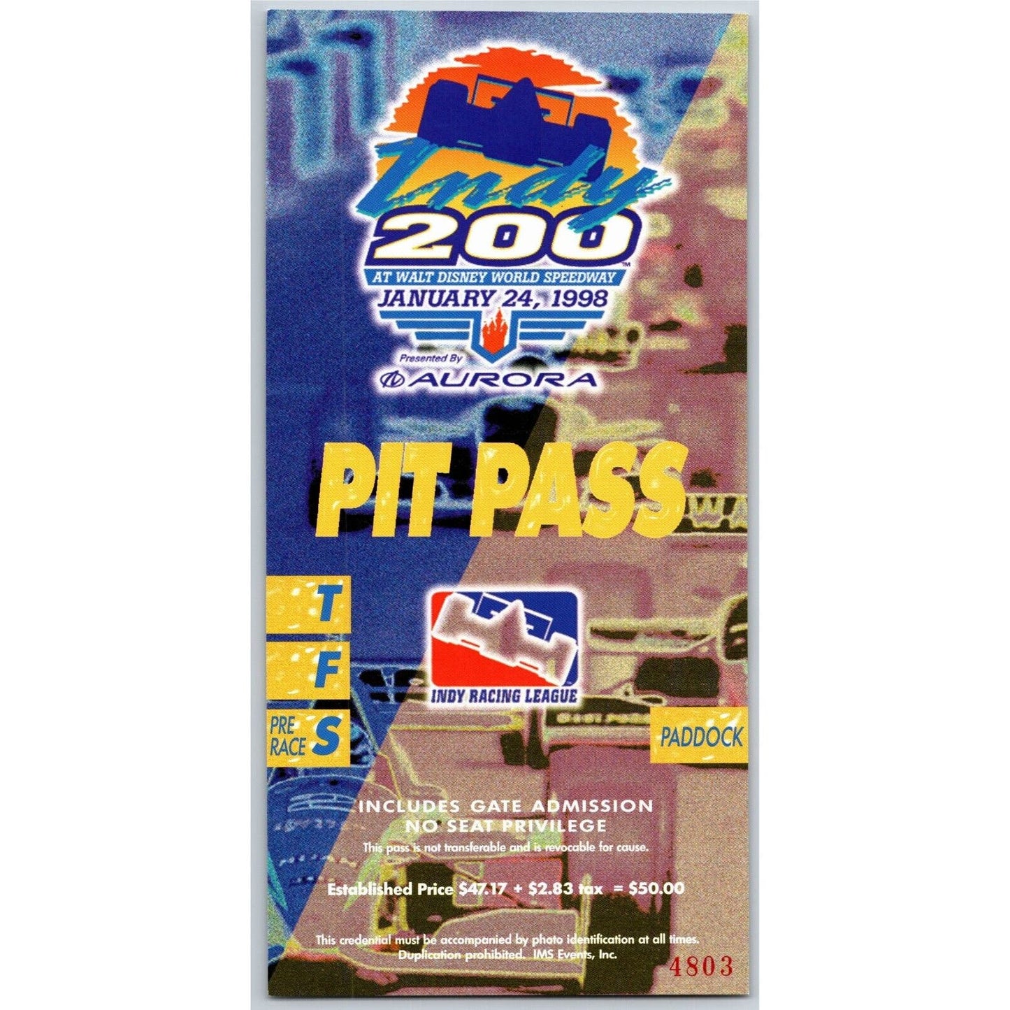 1998 Walt Disney World Speedway Indy 200 Pit Pass #4803 VGC