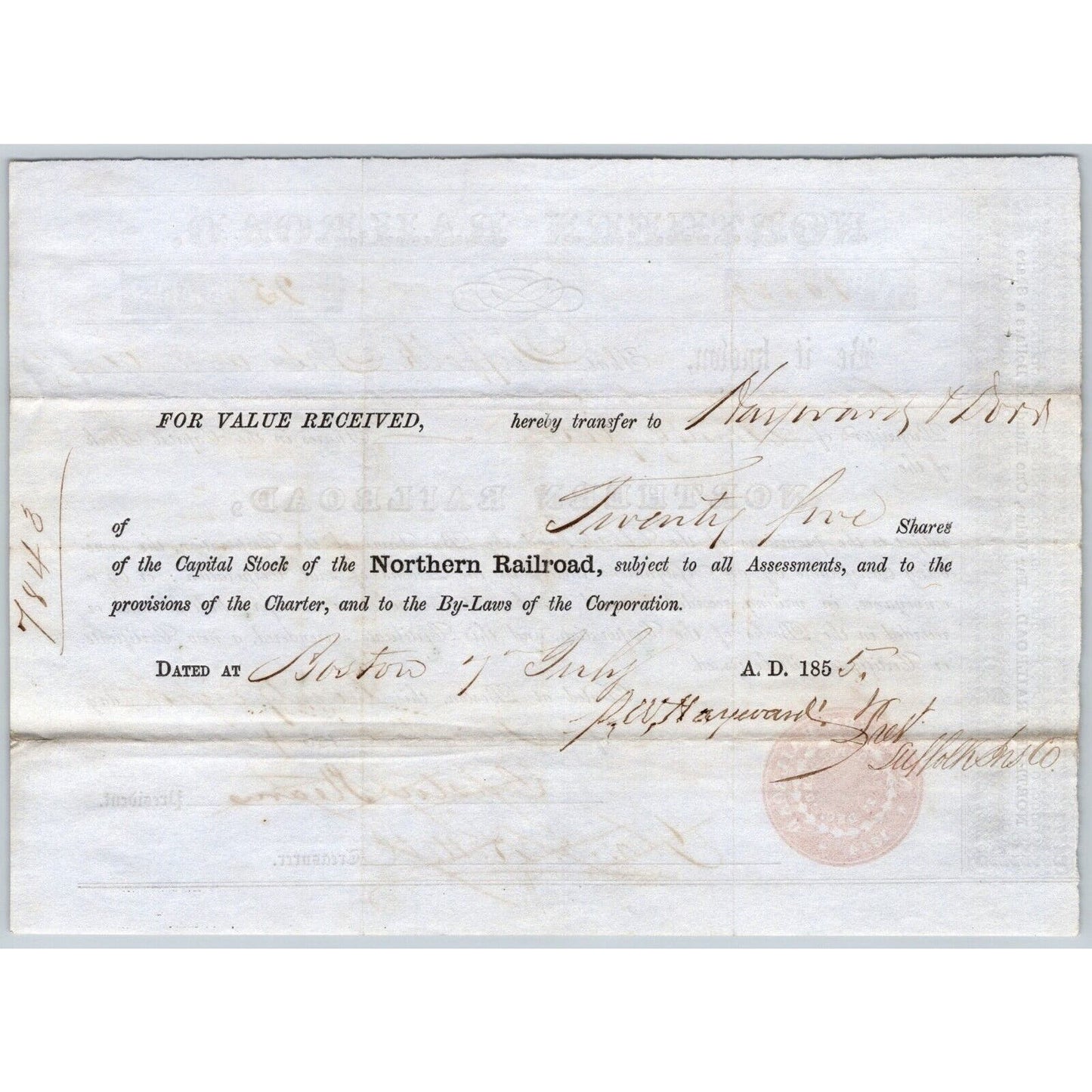1854 Boston, MA Northern Railroad Stock Certificate No. 10359 for 25 Shares