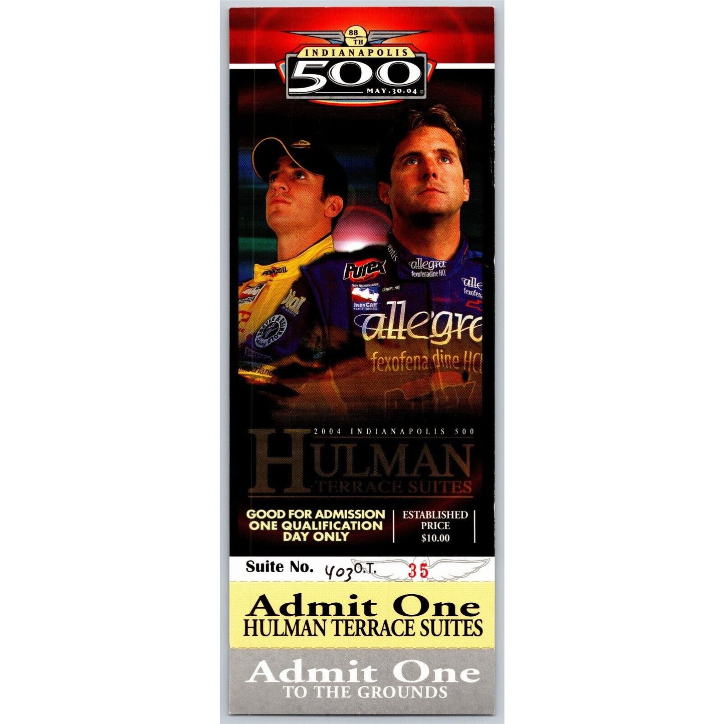 2004 Indy 500 Qualification Day Hulman Terrace Suites Unused Ticket IMS #35