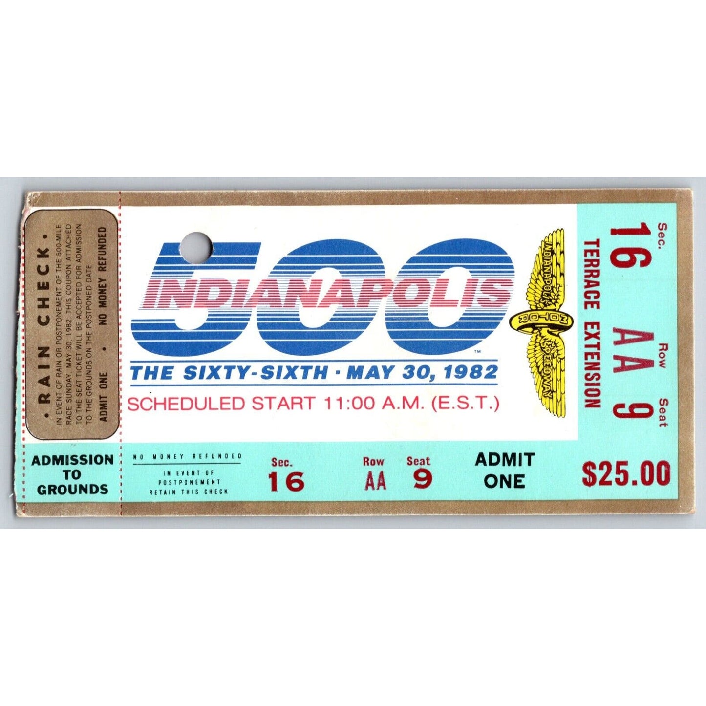 1982 Indianapolis 500 Ticket Stub Racing IMS - seat 16