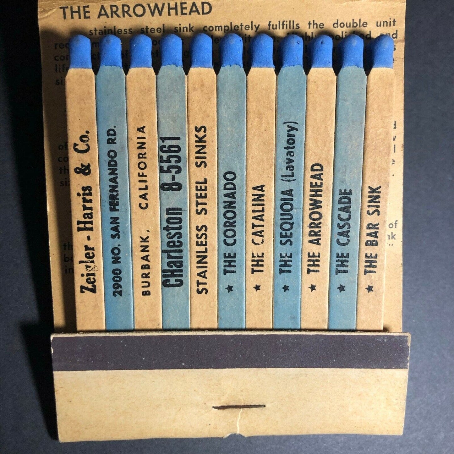 Scarce c40's Full GIANT FEATURE Matchbook Zeigler Harris SS Sinks Burbank