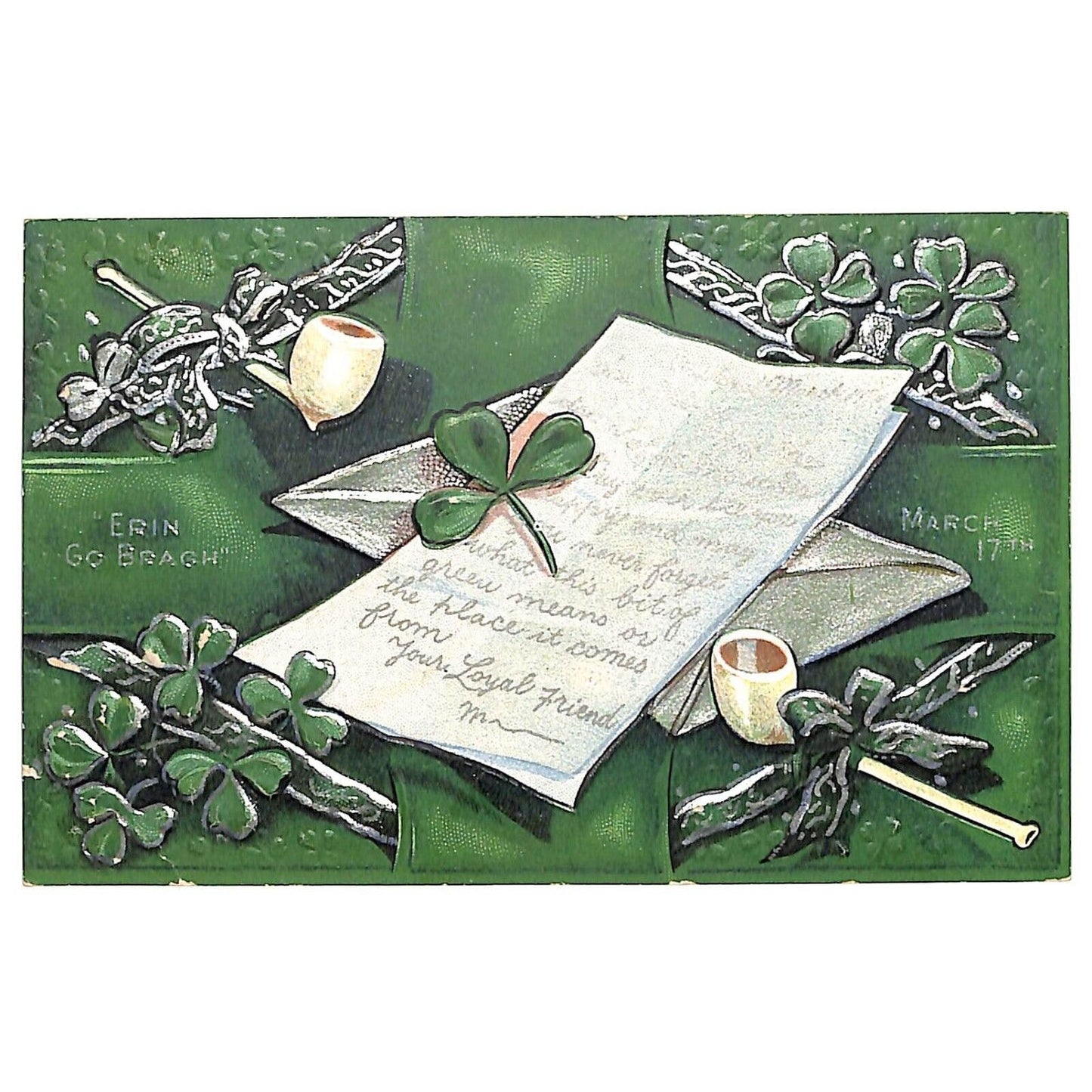 St. Patrick's Day Postcard Pipes Clovers Erin Go Bragh Silver Ink NP c1910