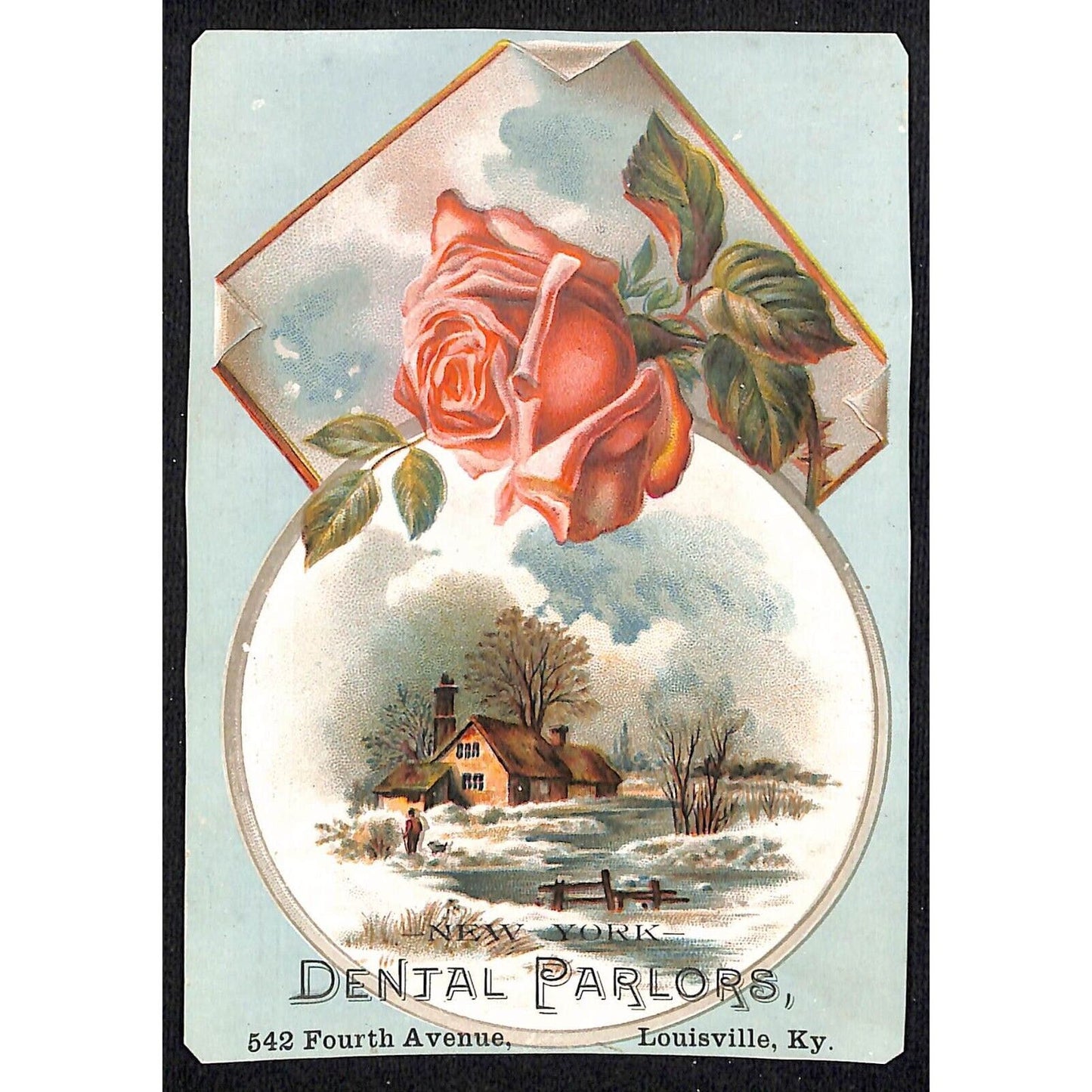 New York Dental Parlors Louisville KY Victorian Trade Card Winter Home Scene