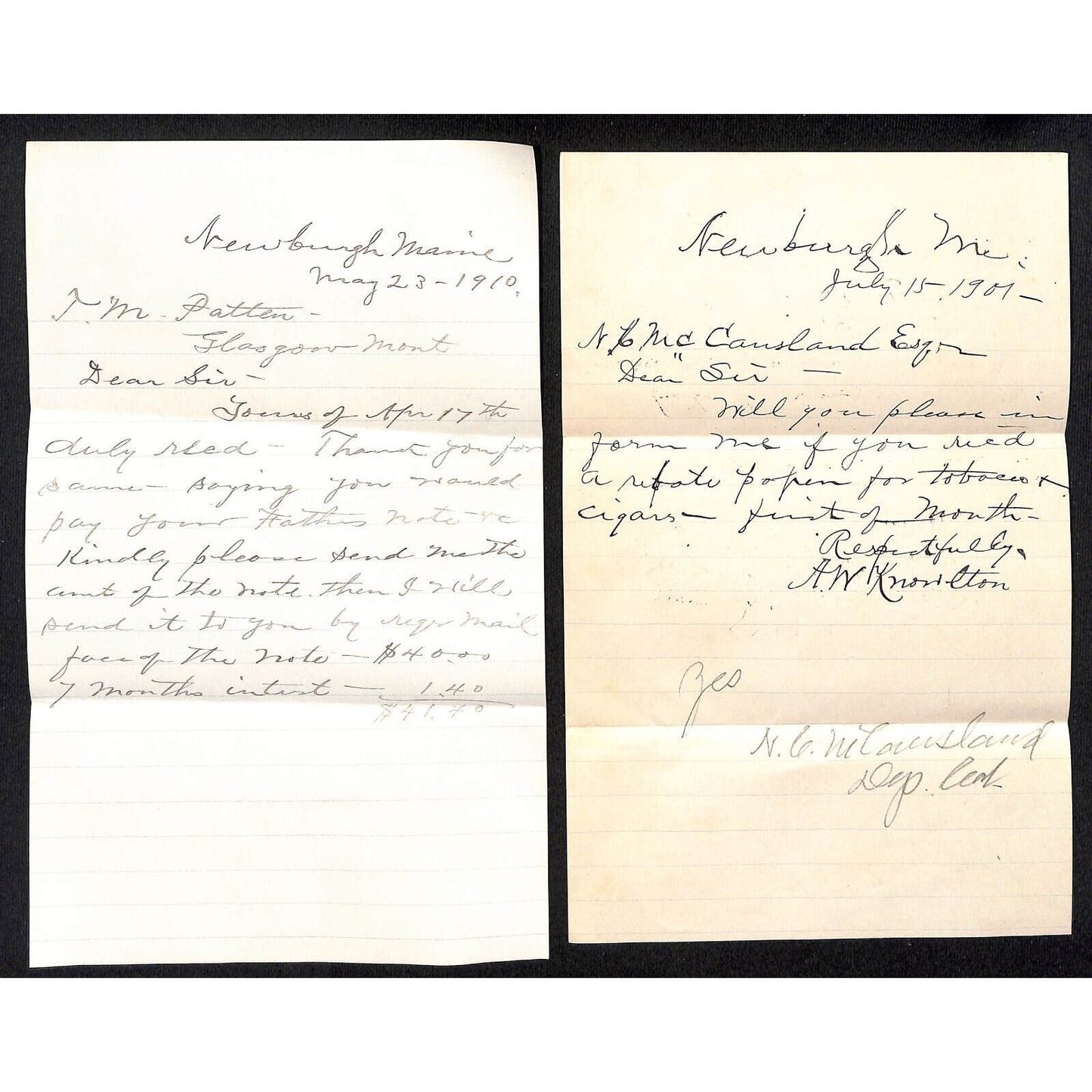 Newburgh, ME Pair of Letters (1907 & 1910) incl. Signed "A. W. Knowlton"*