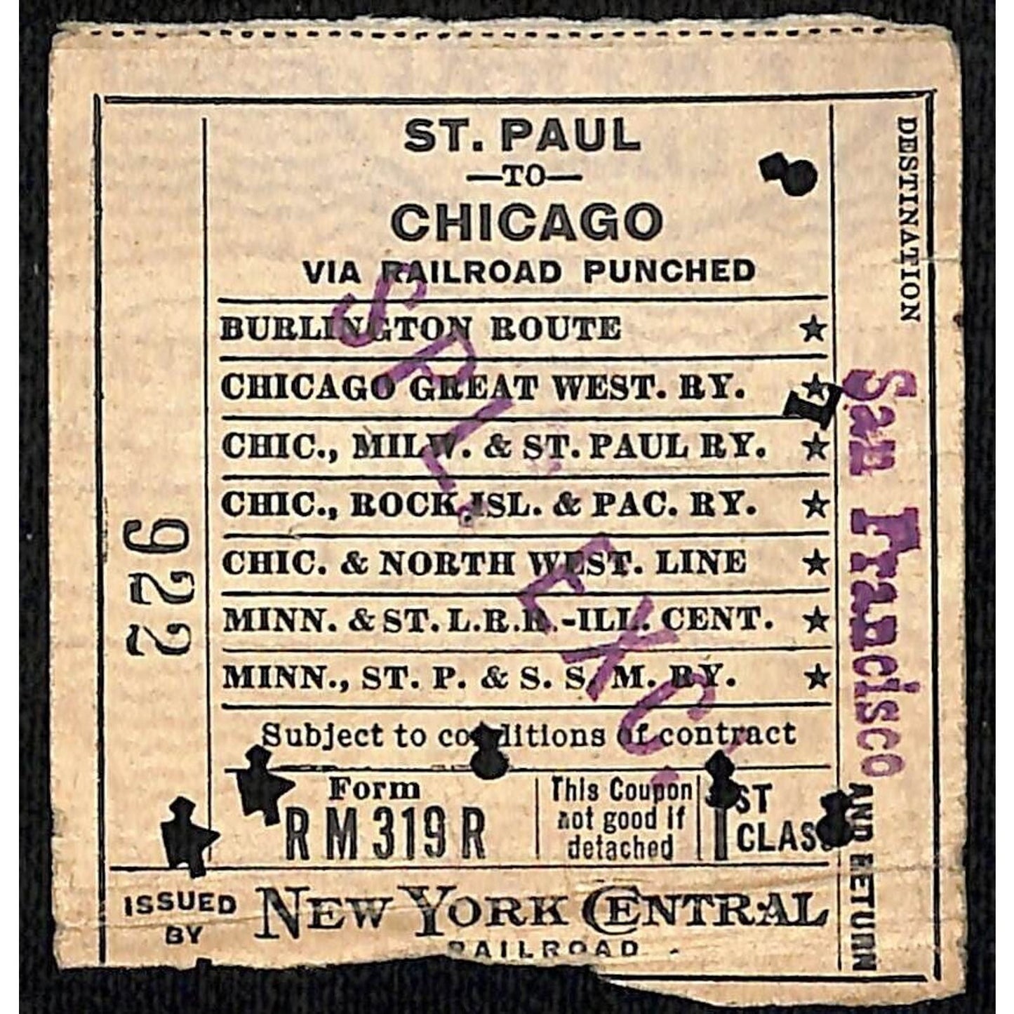 New York Central Railroad 1915 Ticket St. Paul to Chicago #922 Special Excursion
