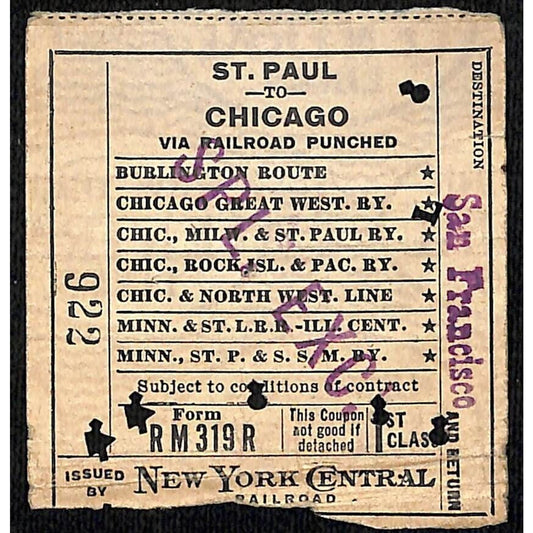 New York Central Railroad 1915 Ticket St. Paul to Chicago #922 Special Excursion