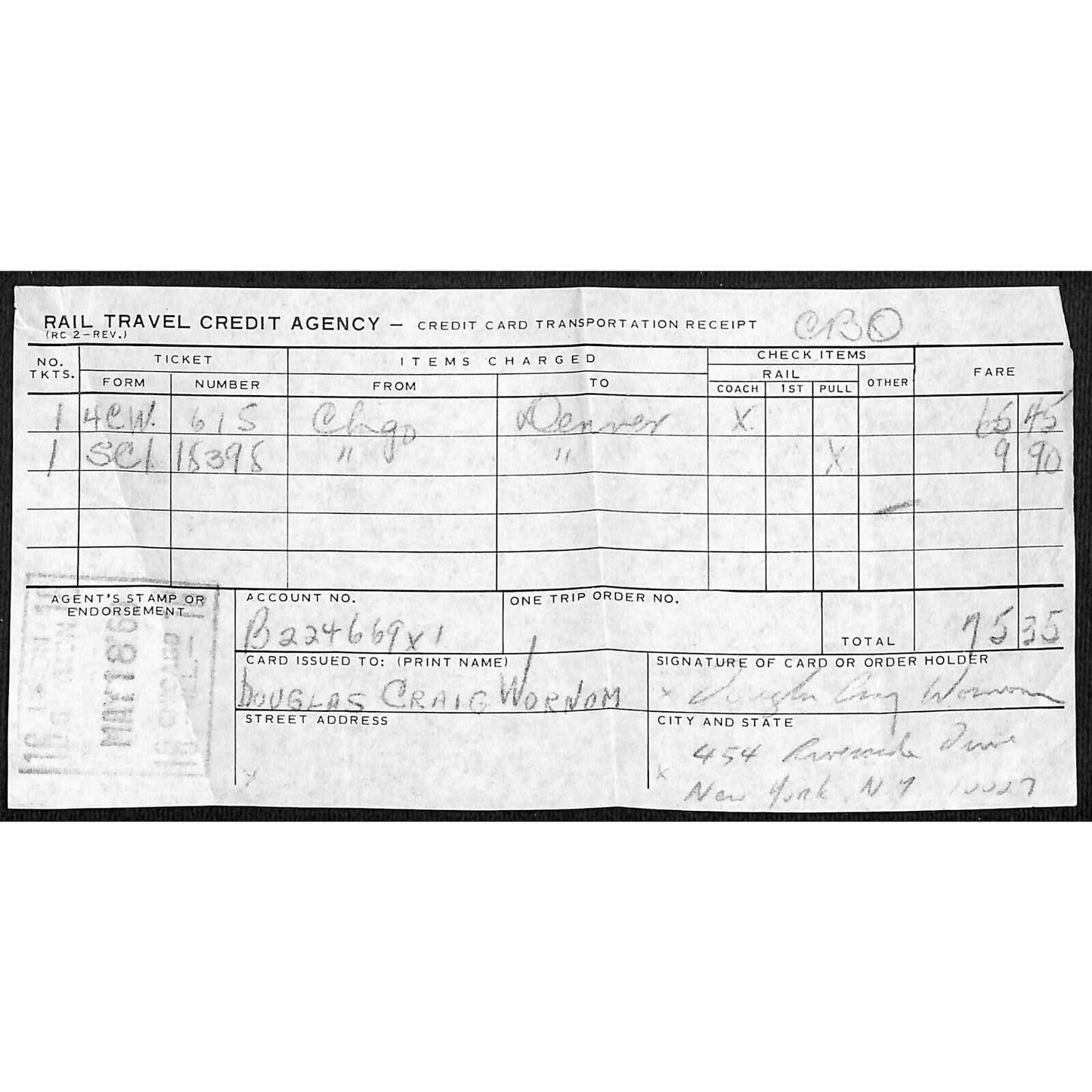 c1961 Rail Travel Credit Agency Credit Card Receipt Chicago to Denver
