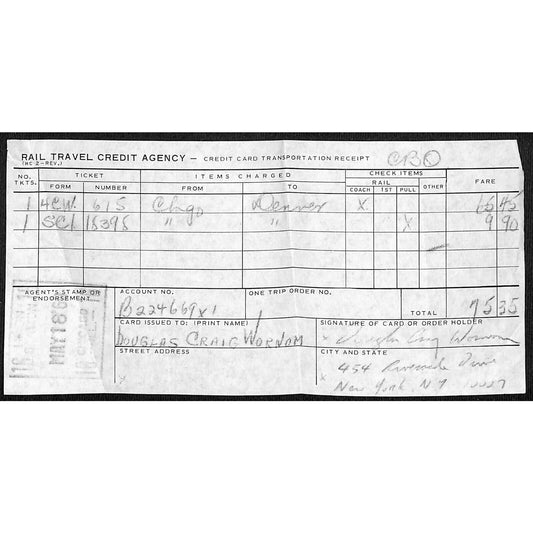 c1961 Rail Travel Credit Agency Credit Card Receipt Chicago to Denver