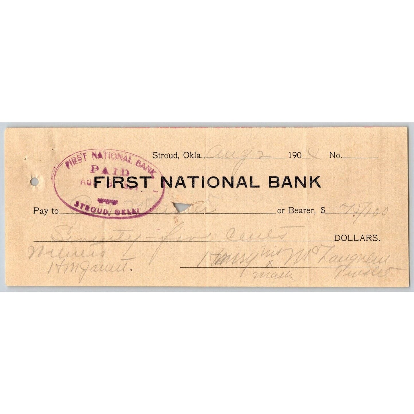 Stroud, Oklahoma Territorial 1904 Bank Check Stroud State Bank