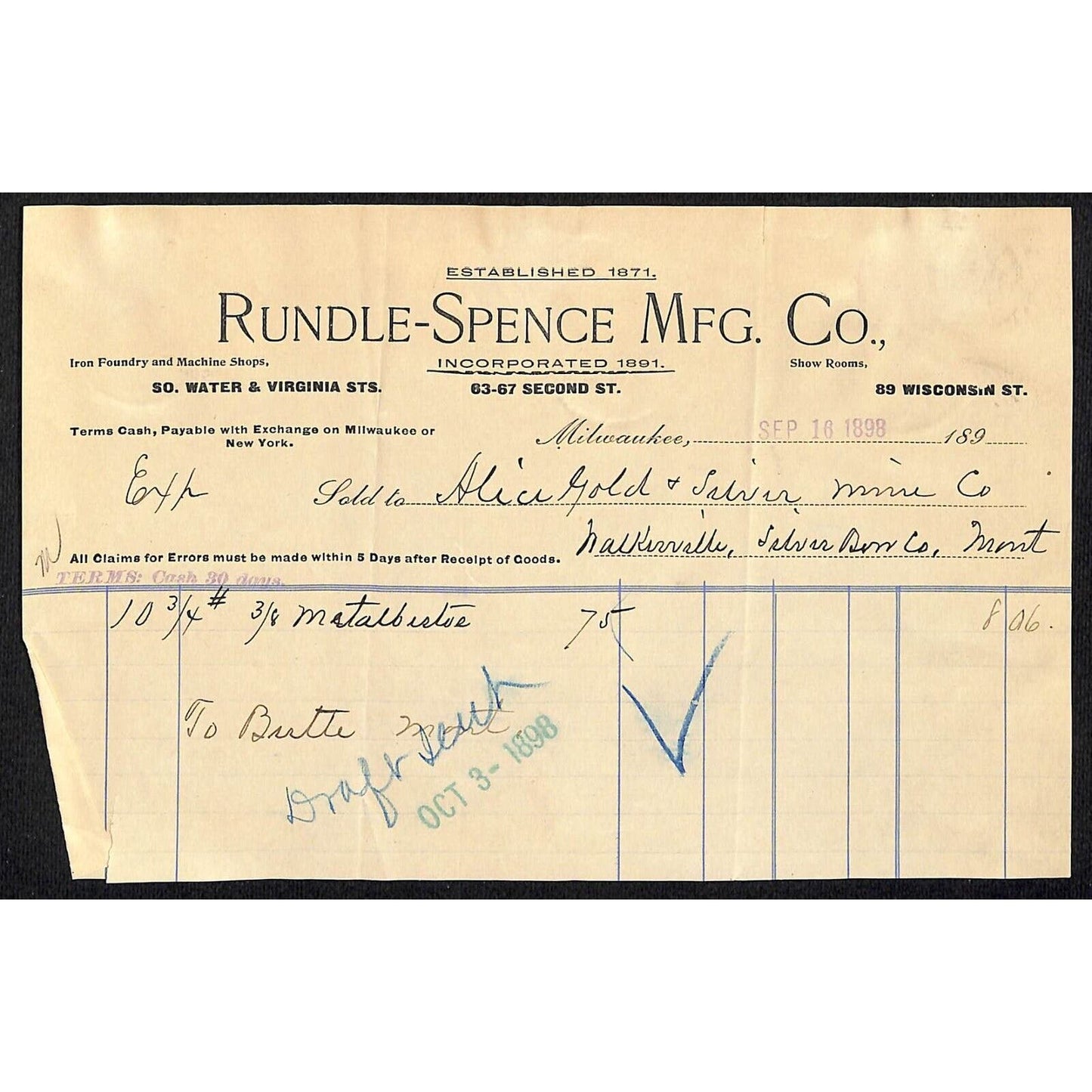 Milwaukee, WI Rundle-Spence Mfg. Co. 1898 Billhead Alice Gold & Silver Mining