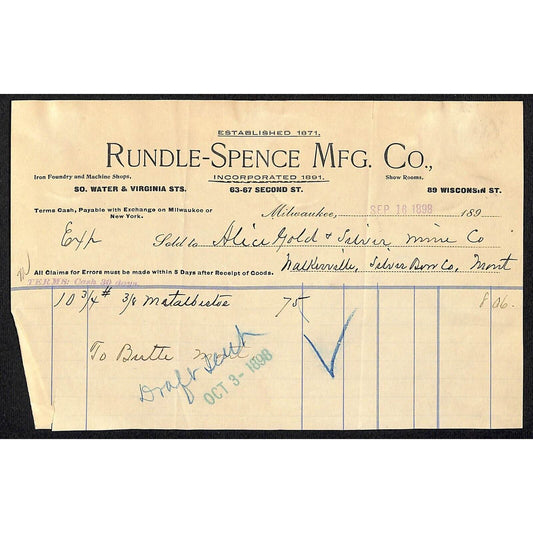 Milwaukee, WI Rundle-Spence Mfg. Co. 1898 Billhead Alice Gold & Silver Mining