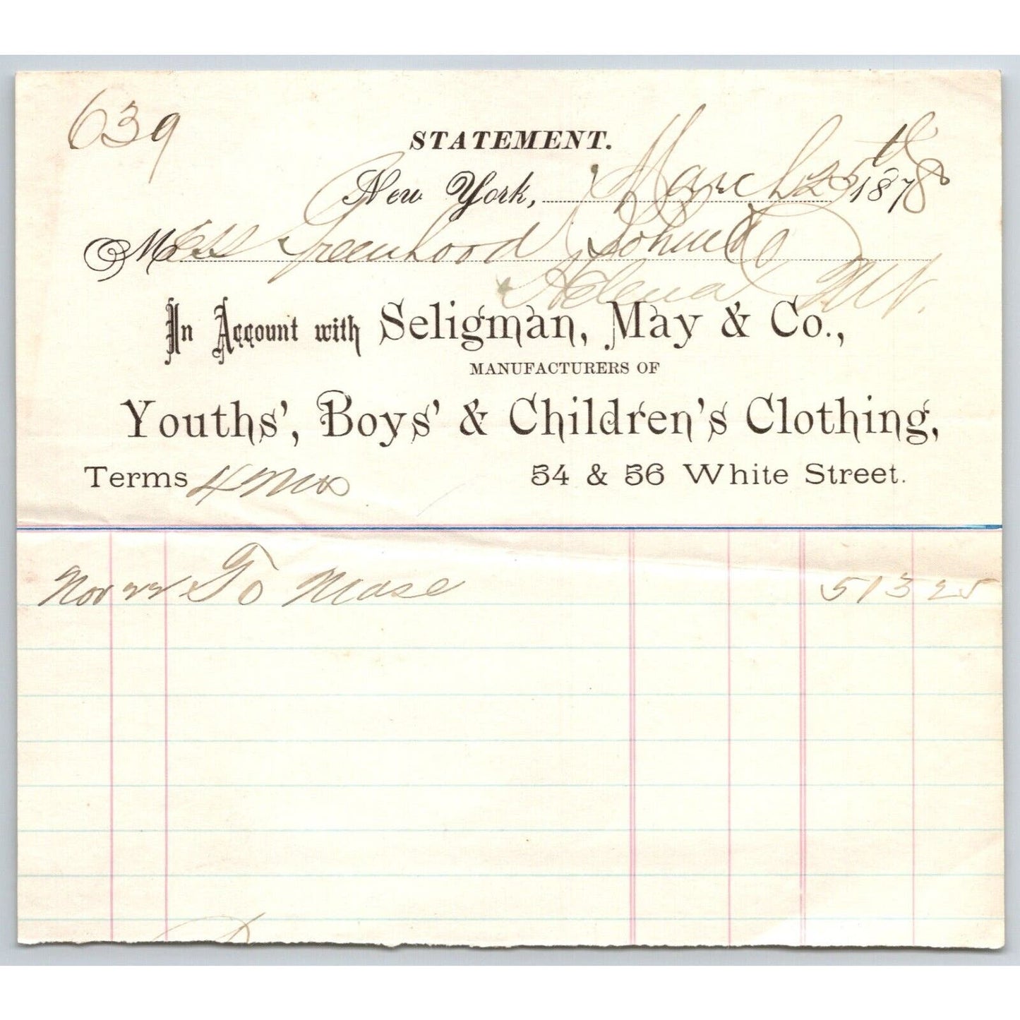 New York City White St. Seligman, May & Co. Children's Clothes 1878 Billhead