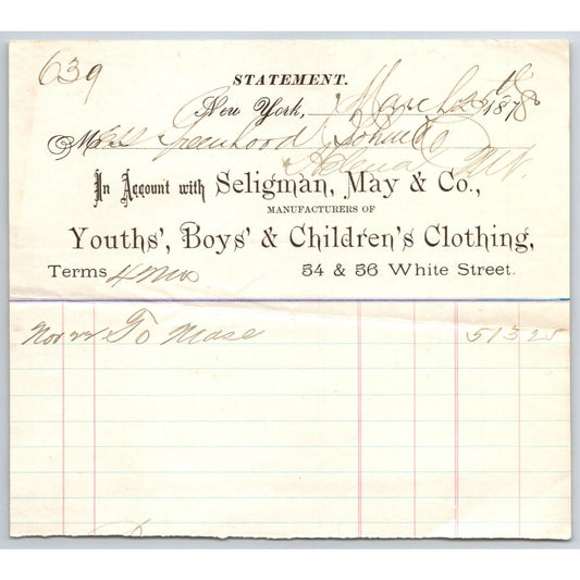 New York City White St. Seligman, May & Co. Children's Clothes 1878 Billhead