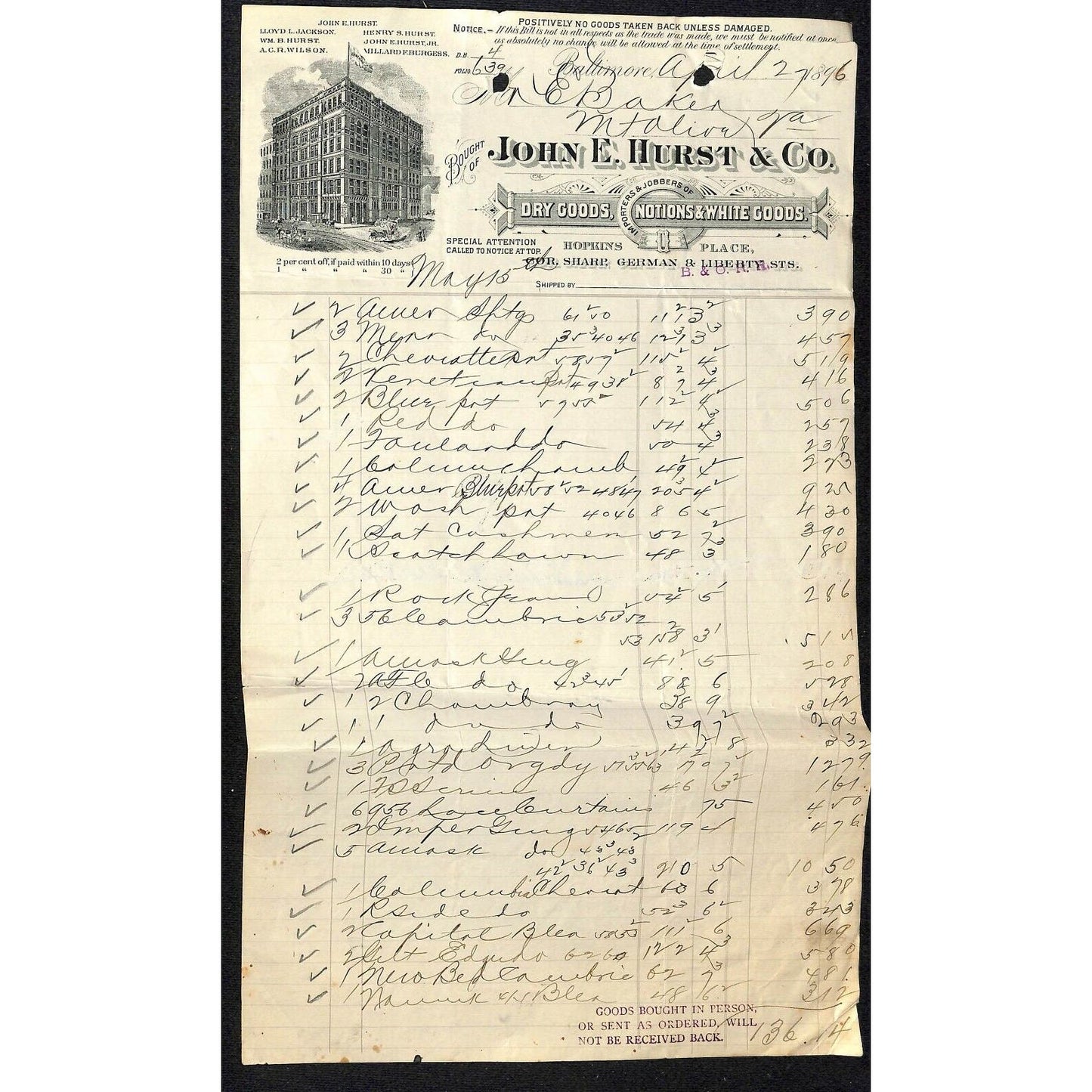 1896 Scarce Letterhead John E. Hurst & Co. Dry Goods Baltimore - E. Baker*