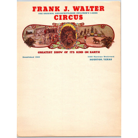 Frank J. Walter Underprivileged Children's 3 Ring Circus Letterhead c1940's
