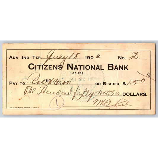 Ada, Oklahoma 1904 Indian Territory Citizens Nation Bank Check - Scarce