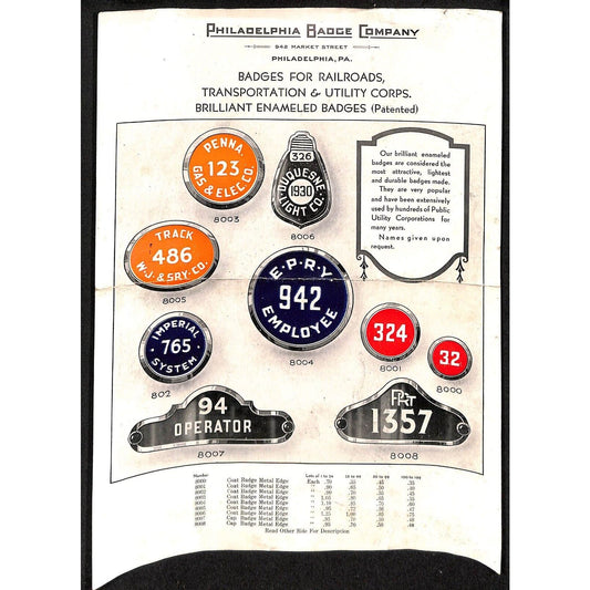 1950's Philadelphia Badge Co. Enameled for Railroads & Utilities Flyer Sheet