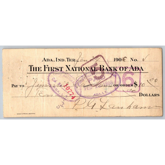 Ada, Oklahoma 1906 Indian Territory $10 First National Bank Check - Scarce
