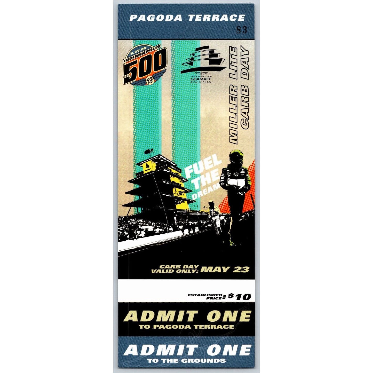 2008 Indy 500 Miller Lite Carb Day 5/23 Pagoda Suite Two Unused Ticket #83