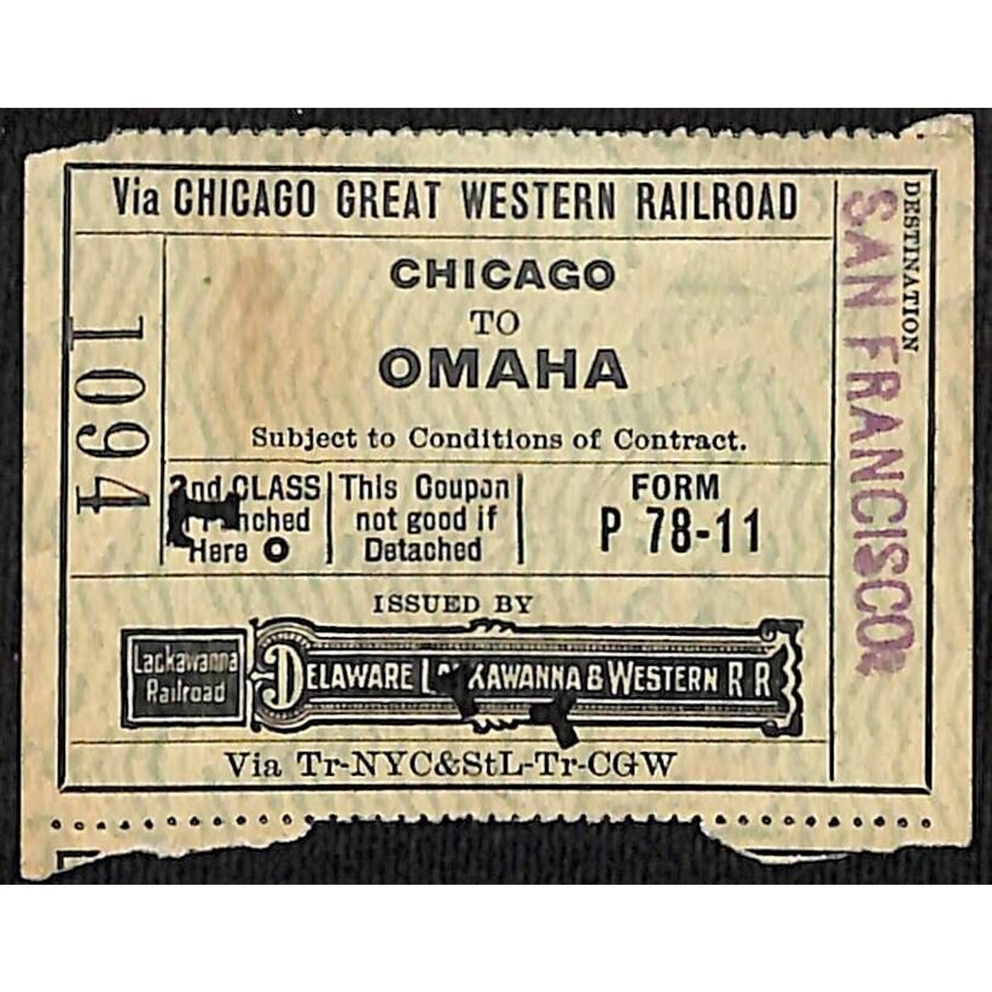 Delaware Lackawanna & Western Railroad 1910 Ticket Chicago Omaha #1094