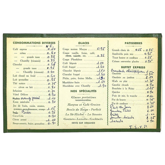 c1980's-90's Au Croissant D'Or French Menu Card Inside Clear Protective Sleeve