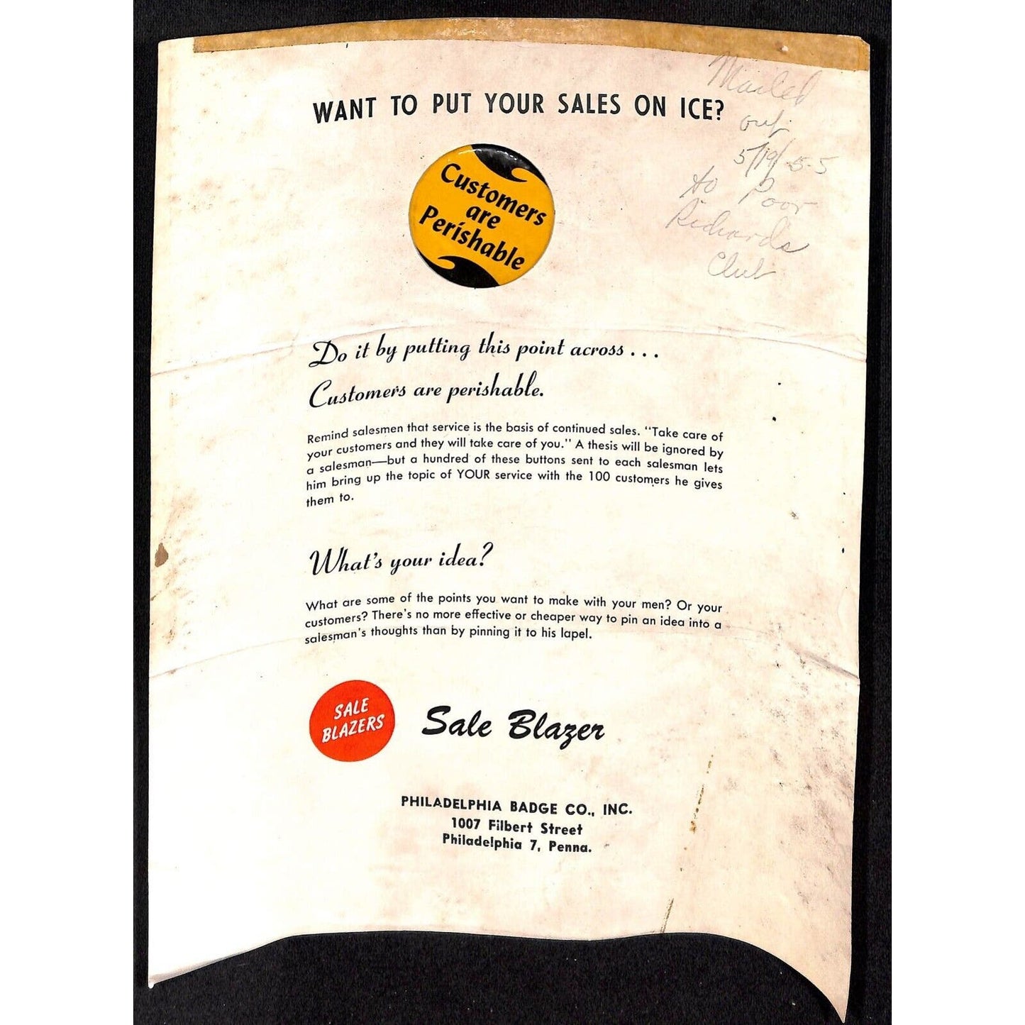 1955 "Customers are Perishable" Pinback Button on Catalog Salesman's Sample Page