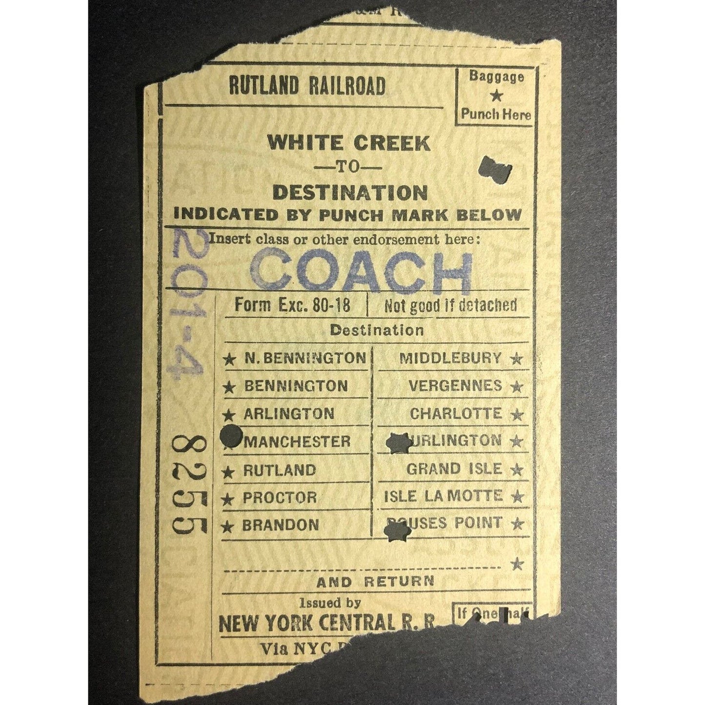 1953 Rutland Railroad / NY Central RR "White Creek to" Check / Ticket #8255