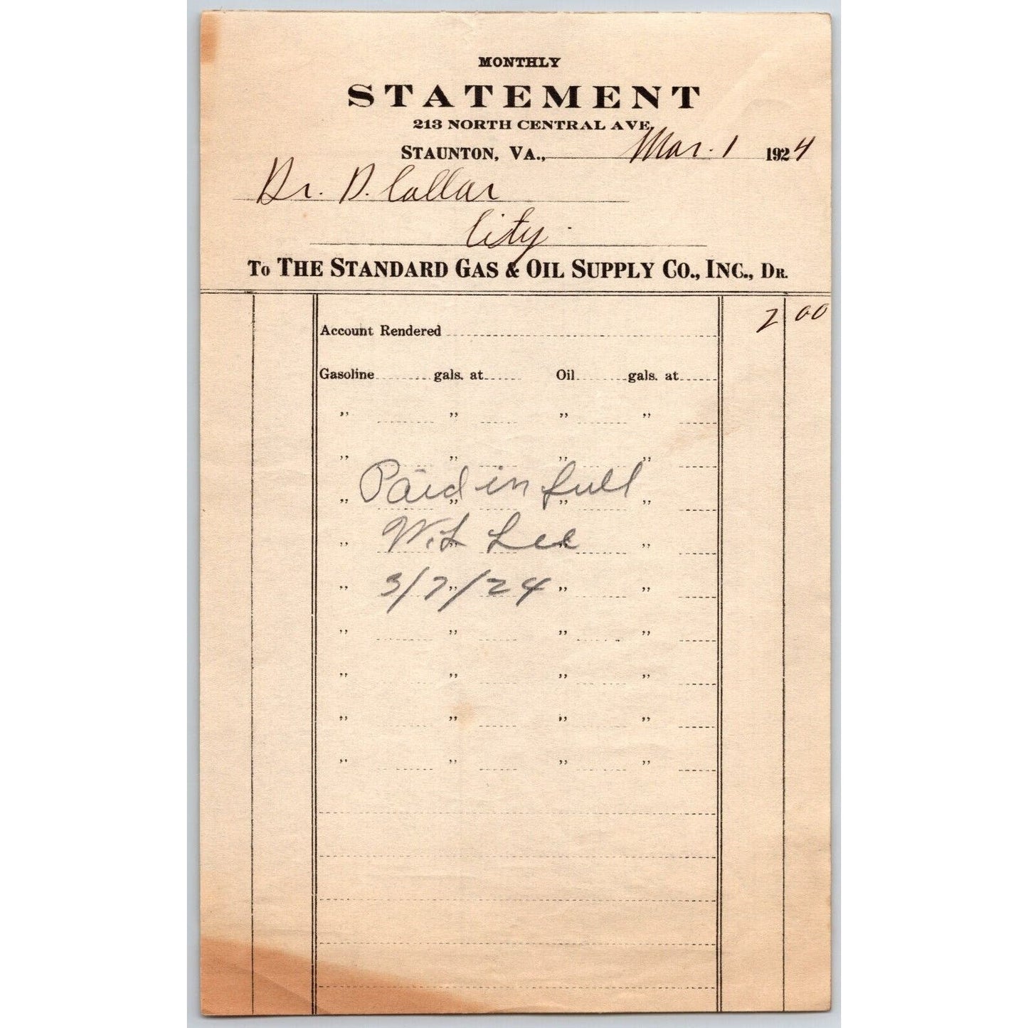 Staunton, VA Standard Gas & Oil Supply Co. 1924 Statement / Billhead
