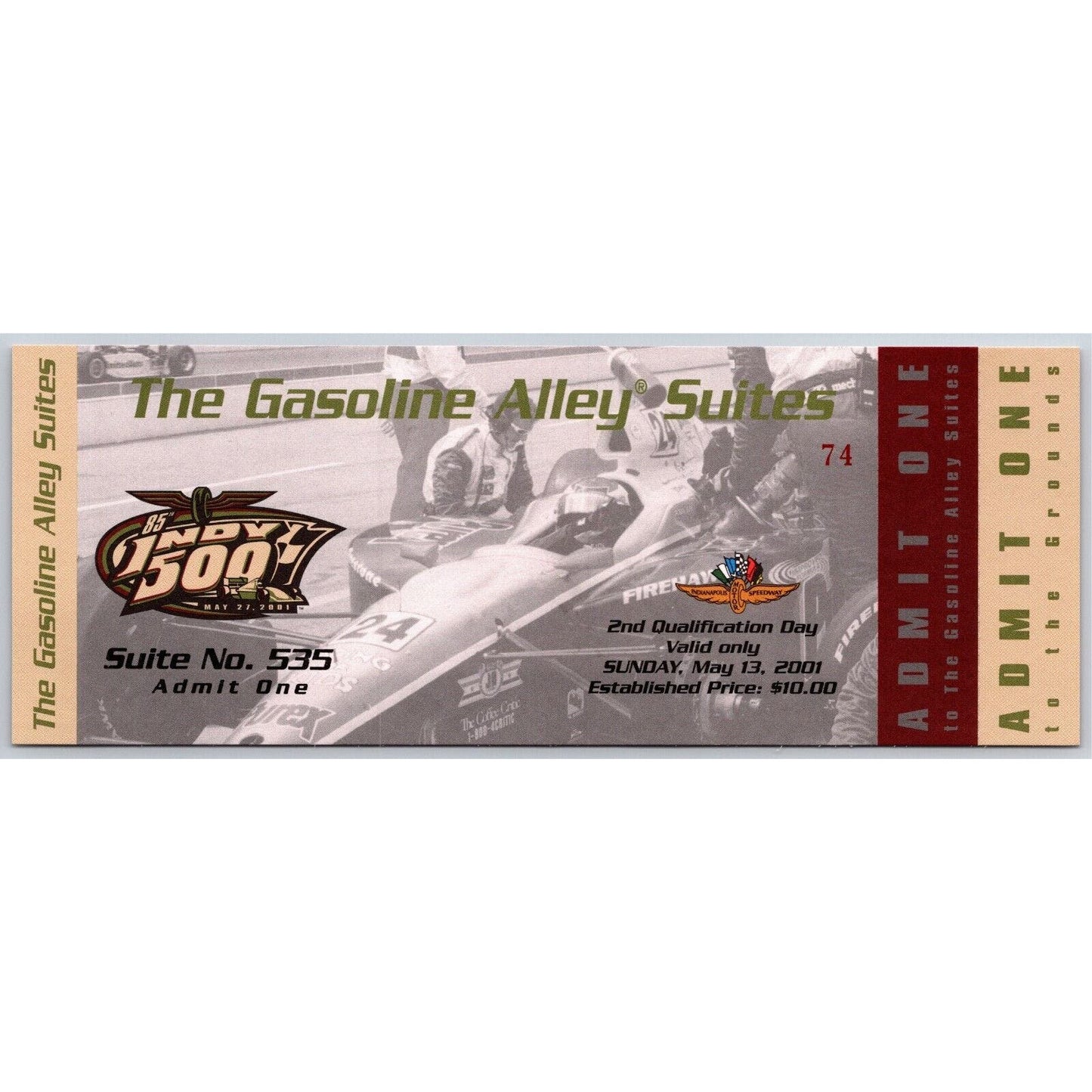 2001 Indy 500 Qualification Day Gasoline Alley Unused Ticket Indianapolis #74
