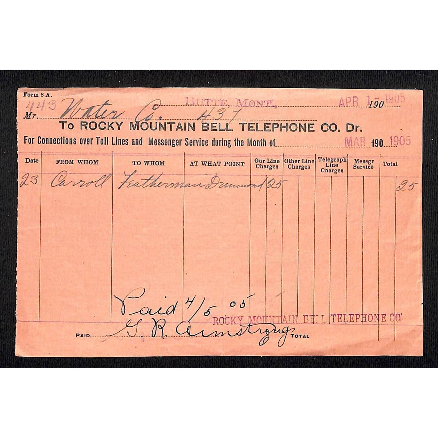 Butte Montana 1905 Rocky Mountain Bell Telephone Co. 25c Payment Receipt