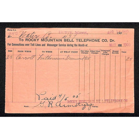 Butte Montana 1905 Rocky Mountain Bell Telephone Co. 25c Payment Receipt