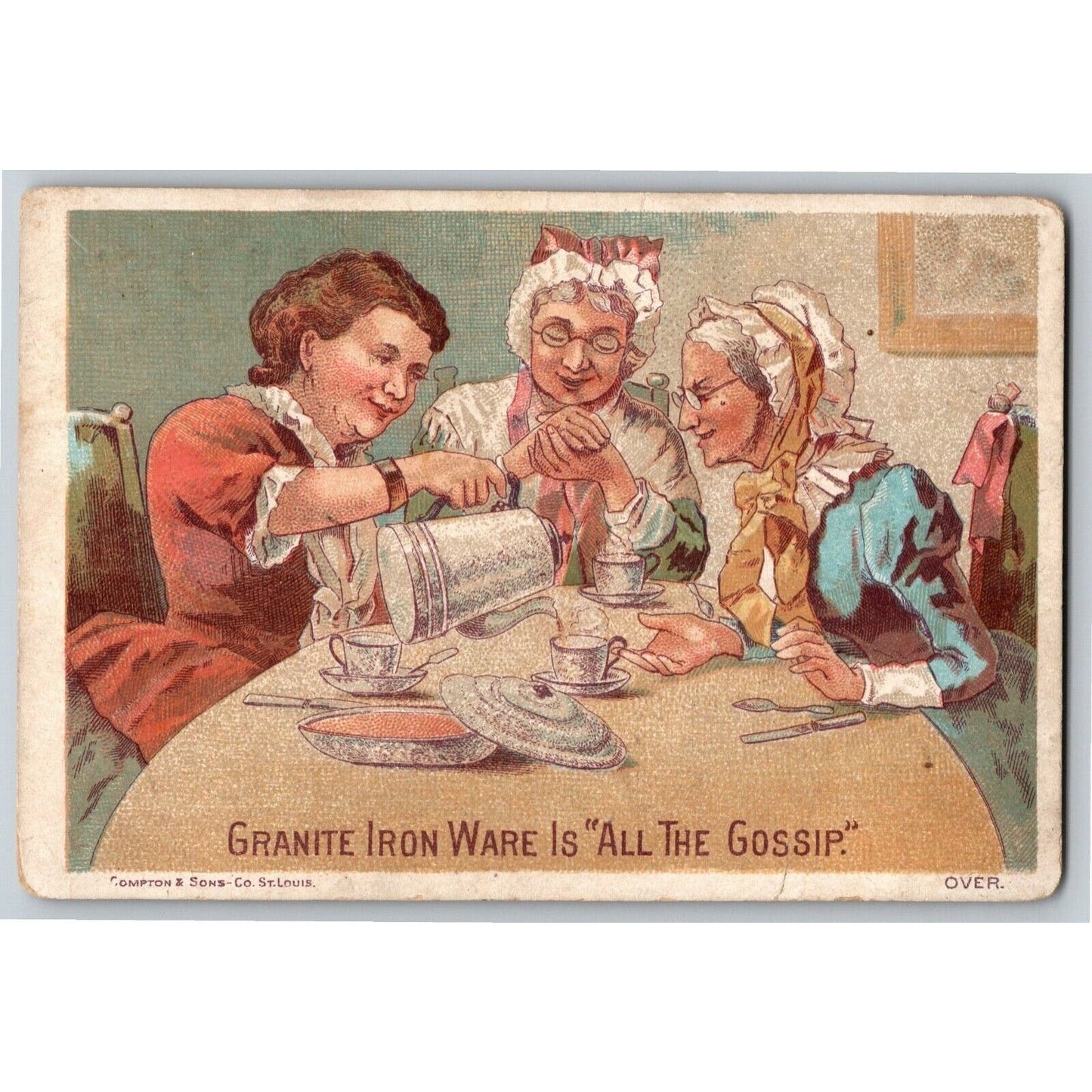 Granite Ironware / St. Louis Stamping Co. Gossip Tea Party Victorian Trade Card
