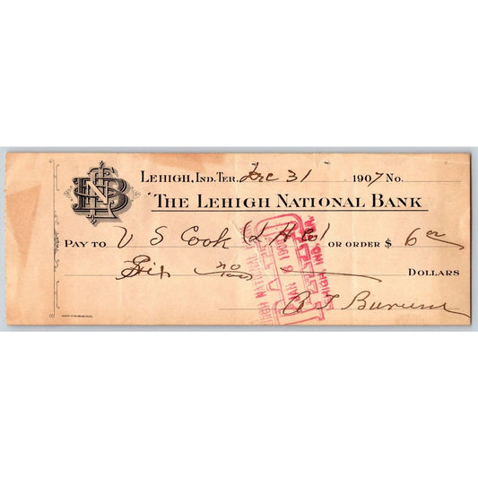 Lehigh, Oklahoma Indian Territory 1907 Lehigh National Bank Check - Scarce