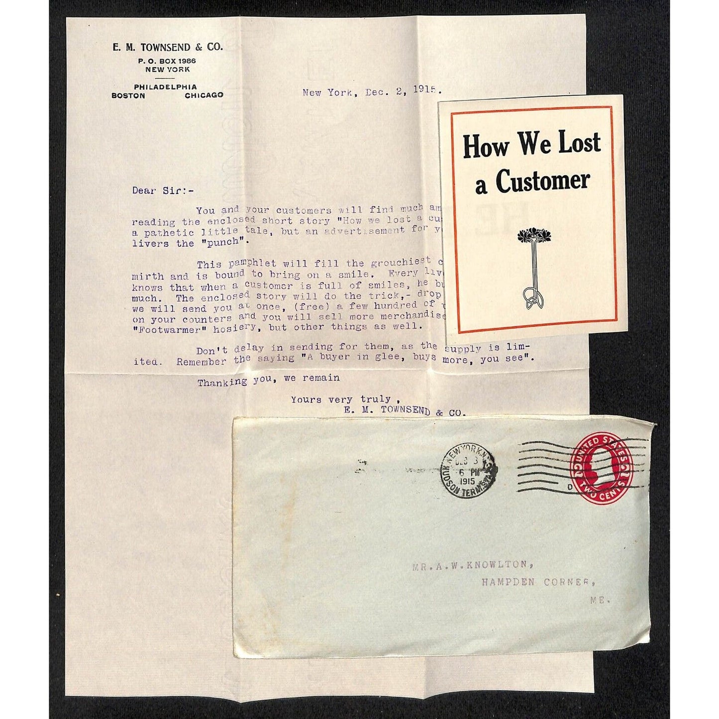 Hampden Corner, ME Amos W. Knowlton* 1915 Footwarmer Hosiery Letterhead Pamphlet