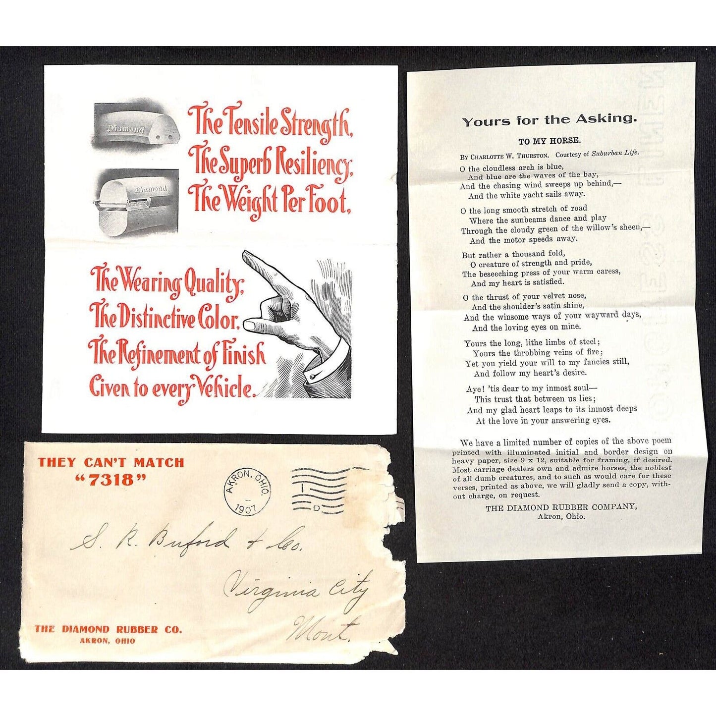 Akron, OH Diamond Rubber Co. 1907 Adv. Poem, Flyer & Cover to Buford*