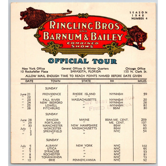 1948 Ringling Bros Barnum Bailey Circus Route Card Providence Portland Worcester