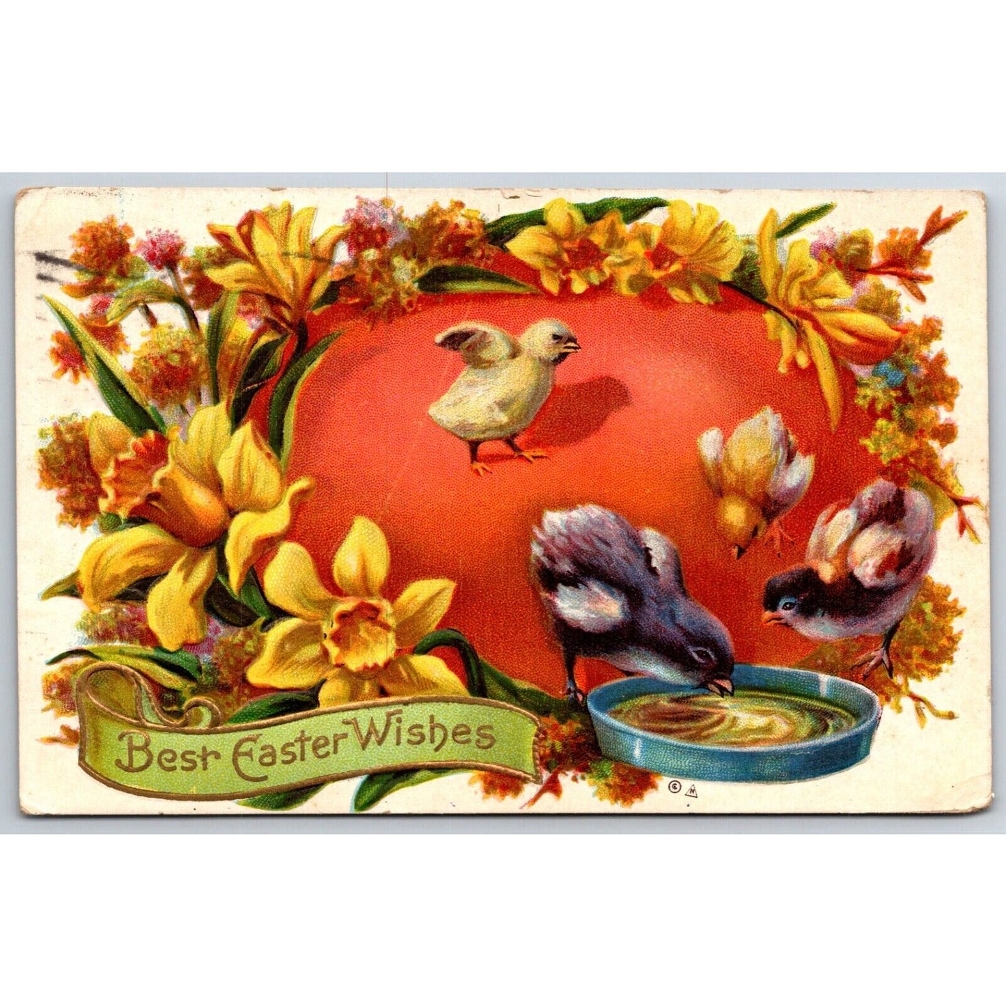Easter Postcard "Best Easter Wishes" Floral Baby Chicks Gilt EMB. PM 1911