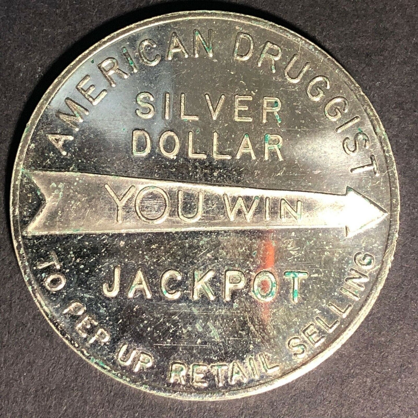 Vintage American Druggist Jackpot "Silver Dollar" Spinner Token 38mm 20gm