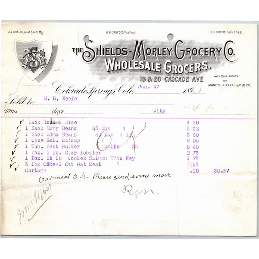 c1895 Shields-Morley Grocery Colorado Springs Letterhead M.H. Keefe Star Lobster