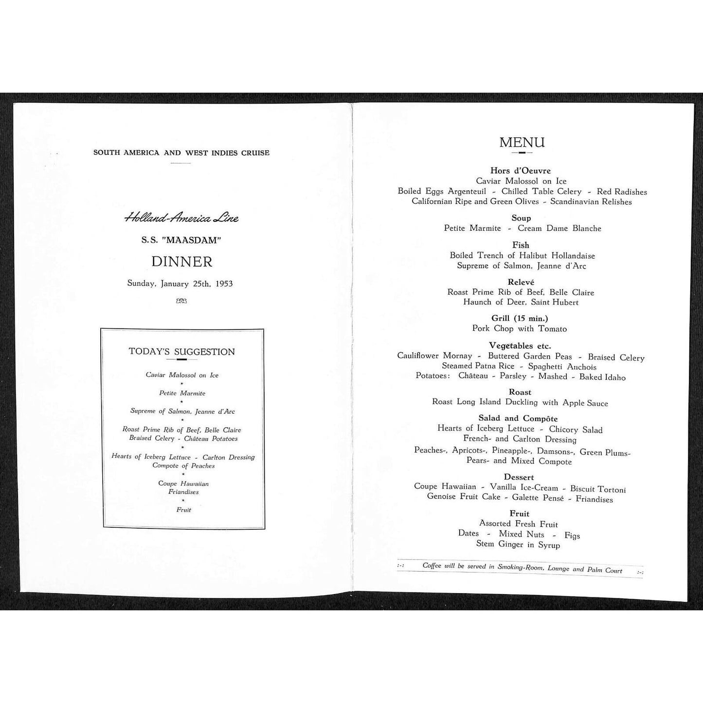 1953 Holland-America Maasdam West Indies Cruise Line Dinner Menu Jan 25 - VGC