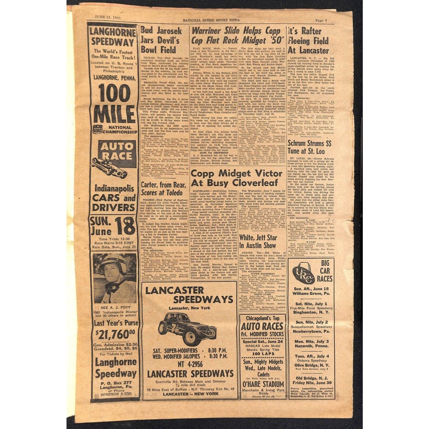 National Speed Sport News 6/14 1961 Buzz Barton Win Futurity Racing 15pp VGC