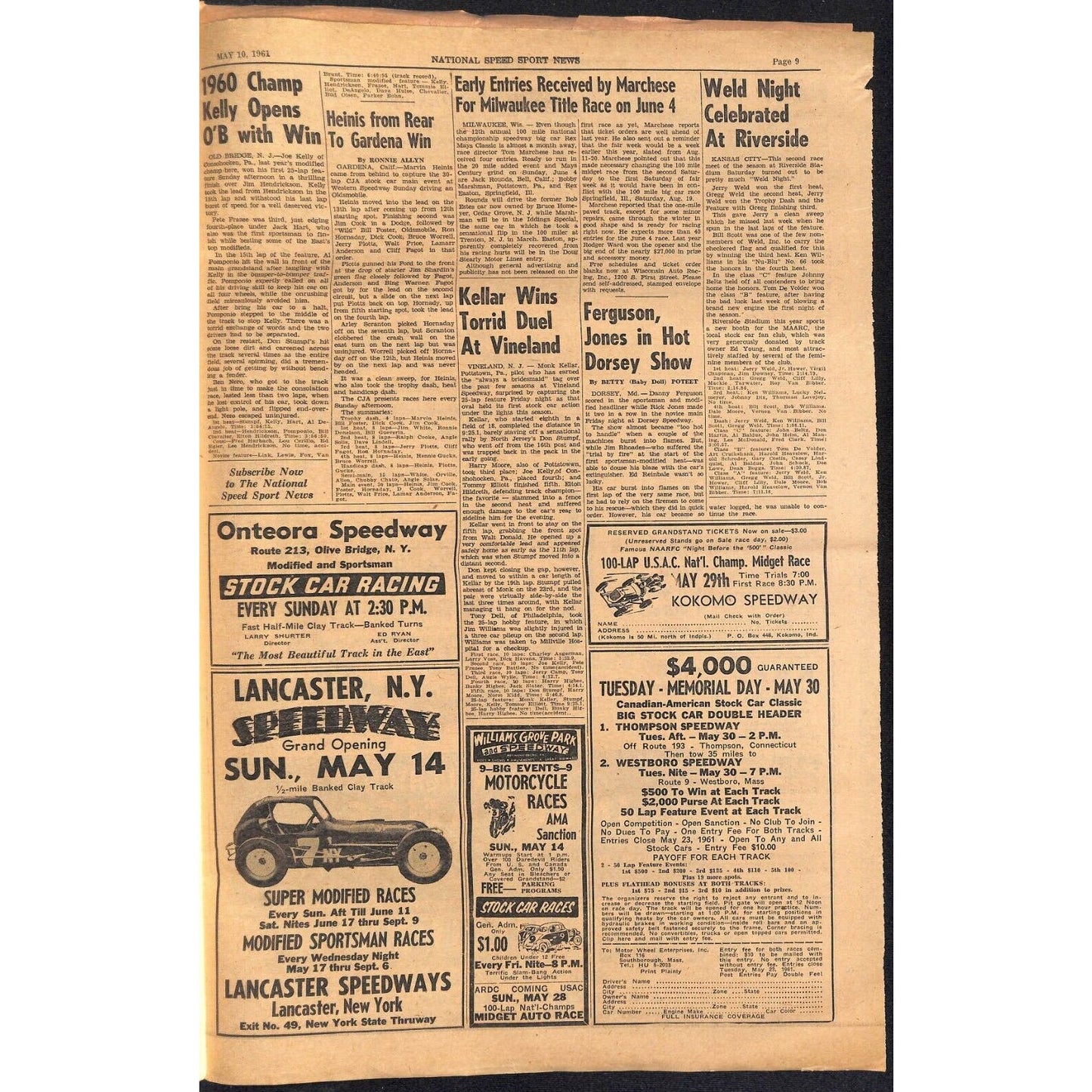 National Speed Sport News 5/10 1961 Lorenzen Beats Turner Rebel Racing 15pp VGC