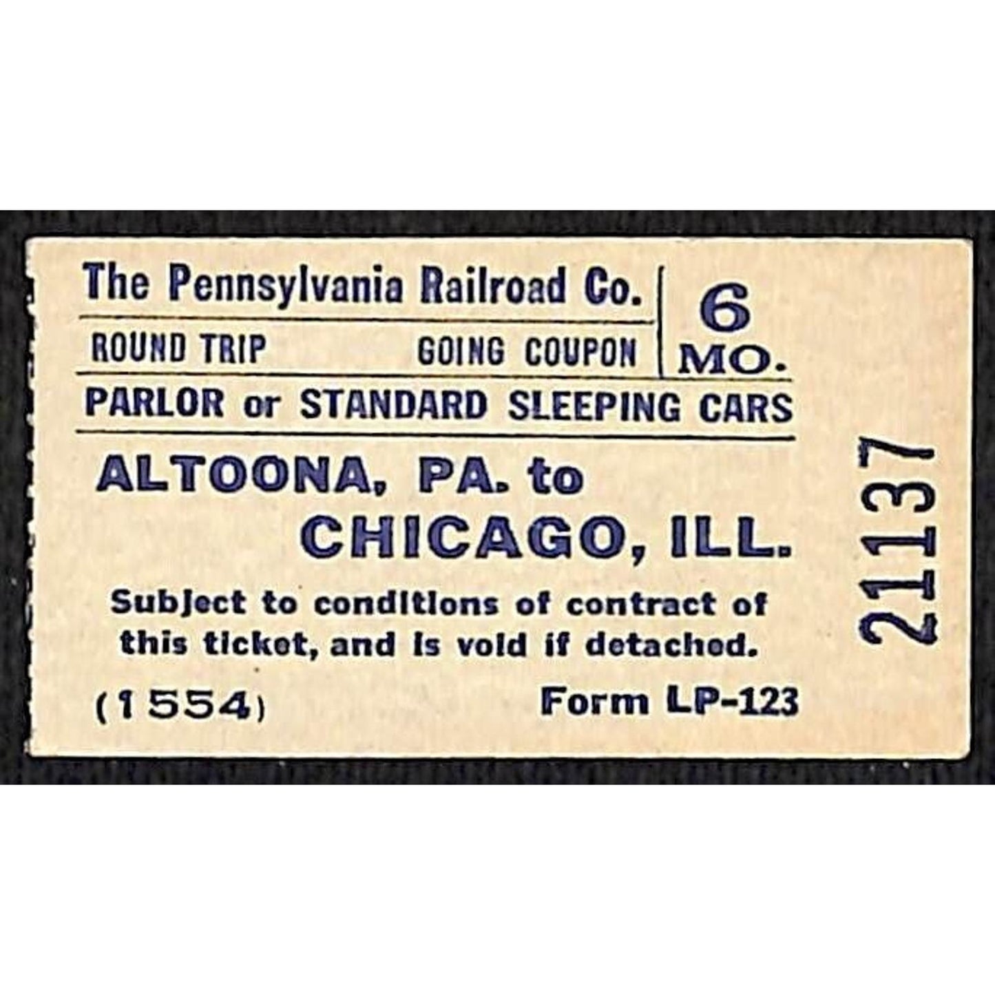 Philadelphia Railroad SAMPLE Ticket Parlor / Sleeping Car Altoona Chicago #21137